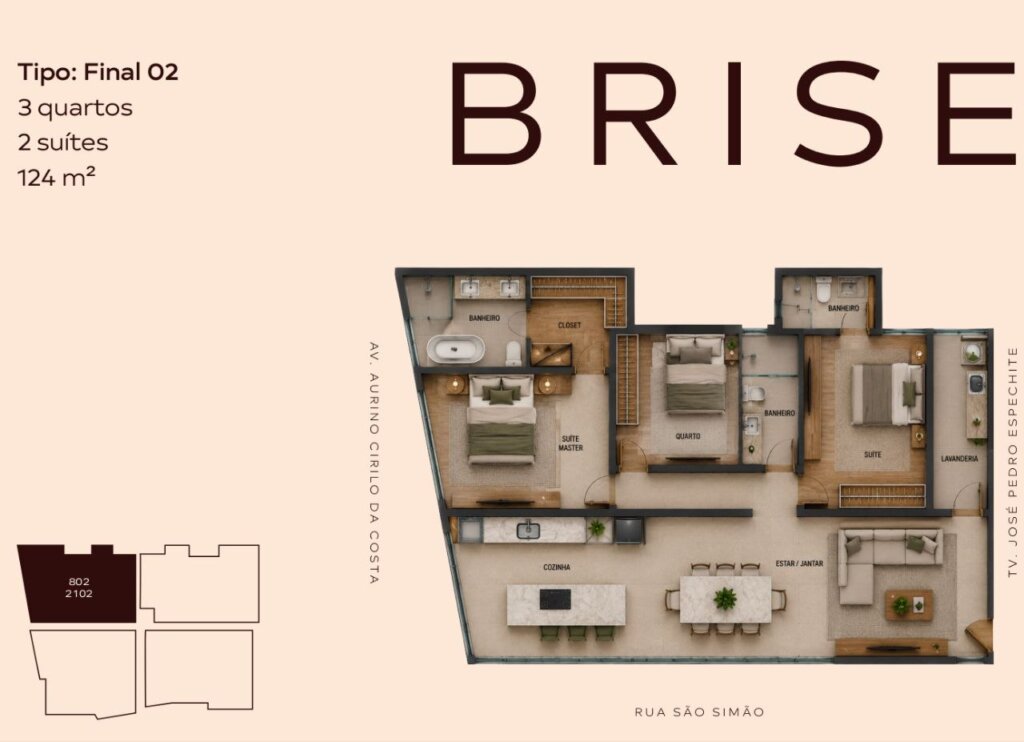 Planta baixa do apartamento Brise Final 02 com 3 quartos, 2 suítes e 124 m²