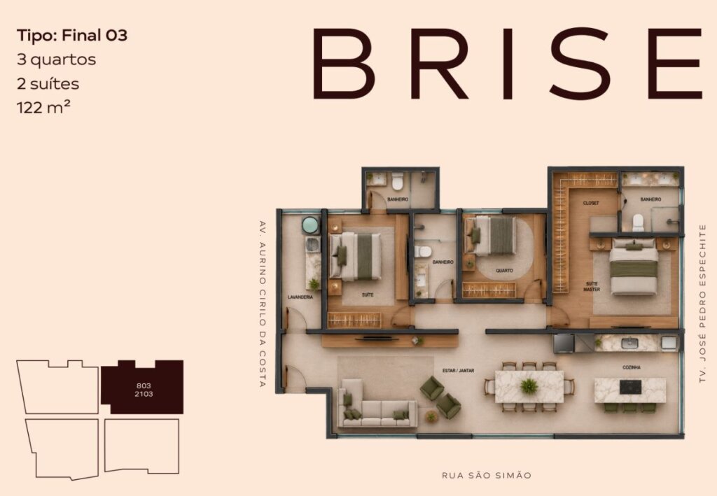 Planta baixa do apartamento Brise Final 02 com 3 quartos, 2 suítes e 124 m²