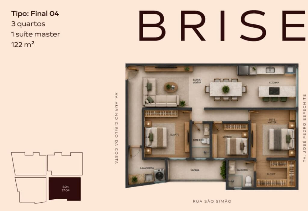 Planta baixa do apartamento Brise Final 04 com 3 quartos, suíte master e 122 m²
