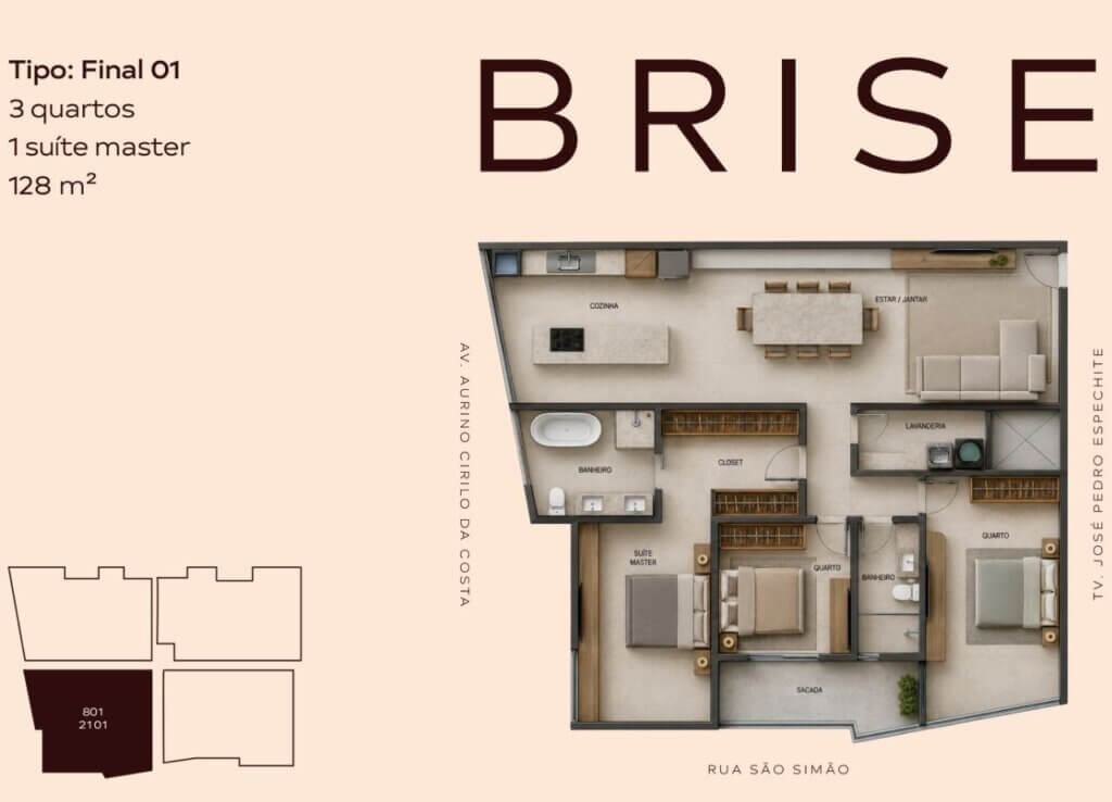Planta de apartamento de 128 m² com 3 quartos e suíte master no Duetto Manhuaçu