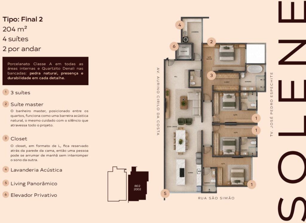 Planta baixa detalhada de um apartamento residencial de 204m², destacando 4 suítes, living panorâmico, closet em formato de L e acesso por elevador privativo.