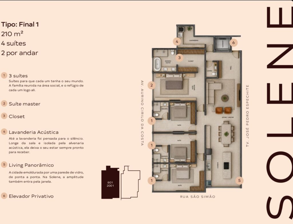 Planta baixa detalhada de um apartamento residencial de 210m² (Tipo Final 1), mostrando 4 suítes, living panorâmico integrado, lavanderia acústica isolada e hall privativo com elevador.