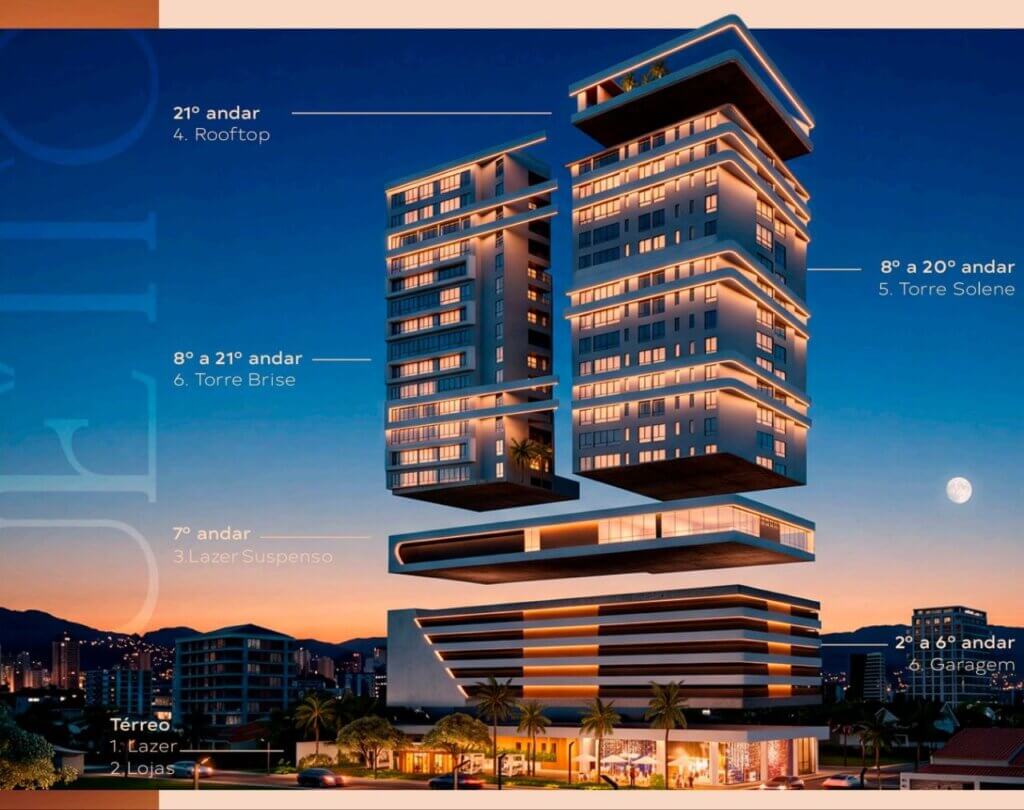 Perspectiva noturna de um edifício residencial de alto padrão com design moderno, destacando as torres Solene e Brise, área de lazer suspensa e rooftop iluminado.