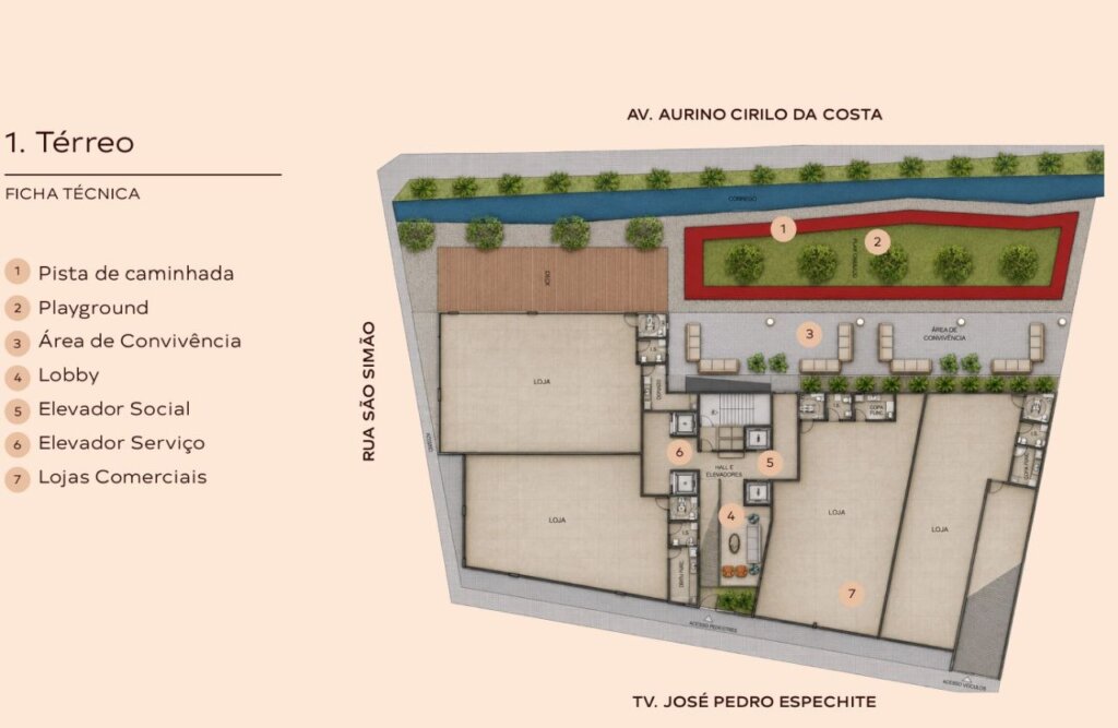 Planta baixa do pavimento térreo detalhando a pista de caminhada, playground, área de convivência, lobby, elevadores social e de serviço, além de quatro lojas comerciais.