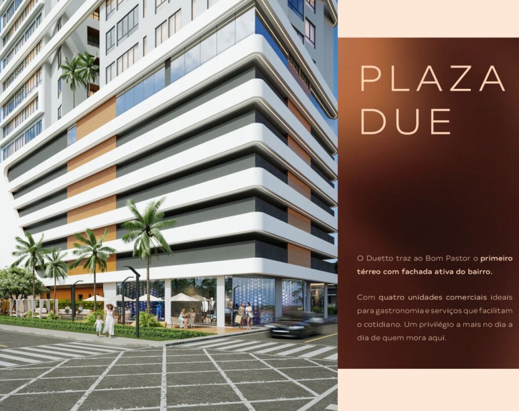 Vista de canto da fachada térrea do edifício destacando o conceito Plaza Due, com amplas vitrines de vidro, calçada arborizada, pedestres e faixa de pedestres na rua.