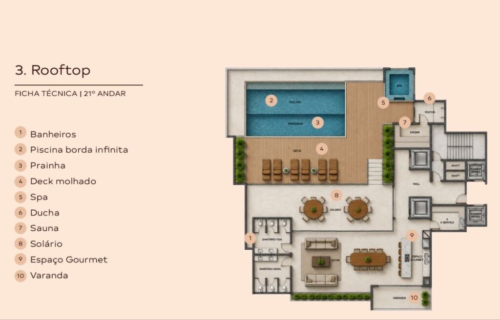 Planta baixa do 21º andar (Rooftop) mostrando a piscina com borda infinita, prainha, deck molhado, spa, sauna, ducha, solário, espaço gourmet e varanda.