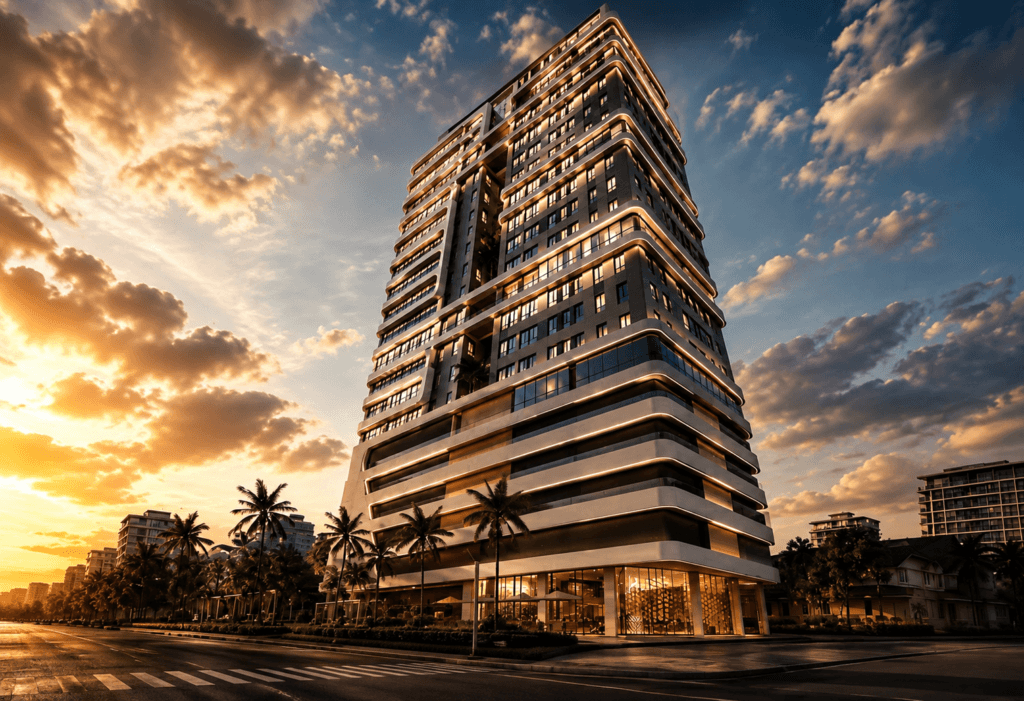 Fachada do empreendimento residencial Brise com arquitetura contemporânea e iluminação noturna