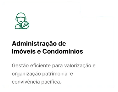 Cartão de serviço com ícone de profissional segurando uma lupa ao lado do texto “Administração de Imóveis e Condomínios” e subtítulo “Gestão eficiente para valorização e organização patrimonial e convivência pacífica.”