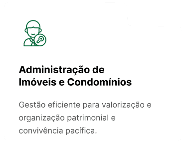 Cartão de serviço com ícone de profissional segurando uma lupa ao lado do texto “Administração de Imóveis e Condomínios” e subtítulo “Gestão eficiente para valorização e organização patrimonial e convivência pacífica.”