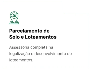 Cartão de serviço com ícone de marcador de localização contendo símbolo de loteamento e texto “Parcelamento de Solo e Loteamentos” sobre fundo branco.