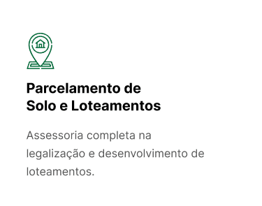 Cartão de serviço com ícone de marcador de localização contendo símbolo de loteamento e texto “Parcelamento de Solo e Loteamentos” sobre fundo branco.