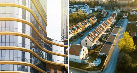 Painel duplo mostrando, à esquerda, fachada curva de edifício comercial moderno em vidro e metal dourado; à direita, vista aérea de bairro residencial com casas em fileira.