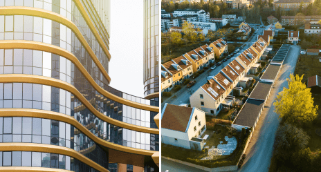 Painel duplo mostrando, à esquerda, fachada curva de edifício comercial moderno em vidro e metal dourado; à direita, vista aérea de bairro residencial com casas em fileira.